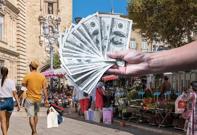 Photomontage d'une main tenant des billets de banque devant les rues d'Aix en Provence