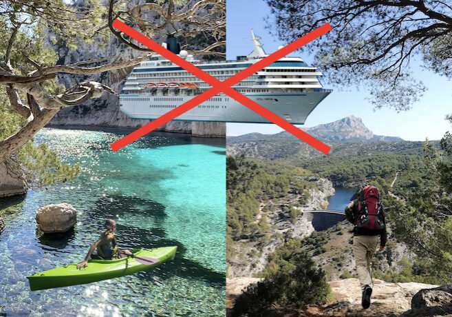 Un photomontage de calanques marseillaises avec, par-dessus, un paquebot barré d'une croix rouge